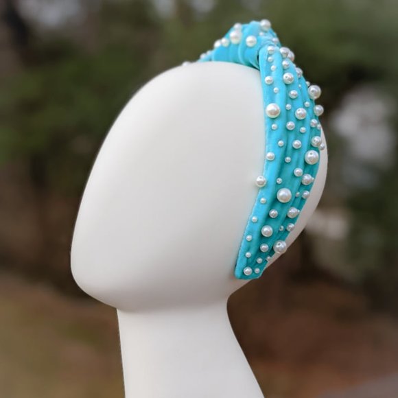 Tiffany Blue Pearl Knot Velvet Headband Pearl Beads Handmade Knotted Turban main image 9